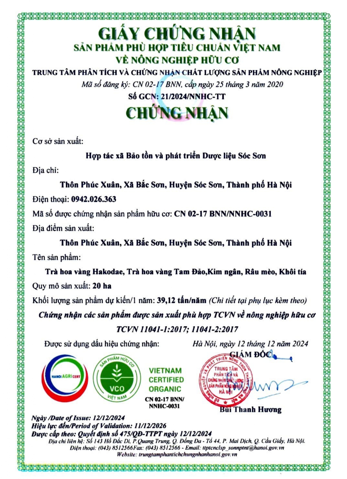 Giấy chứng nhận Nông nghiệp hữu cơ