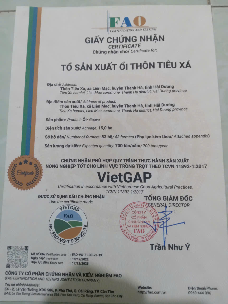 Giấy chứng nhận VietGAP