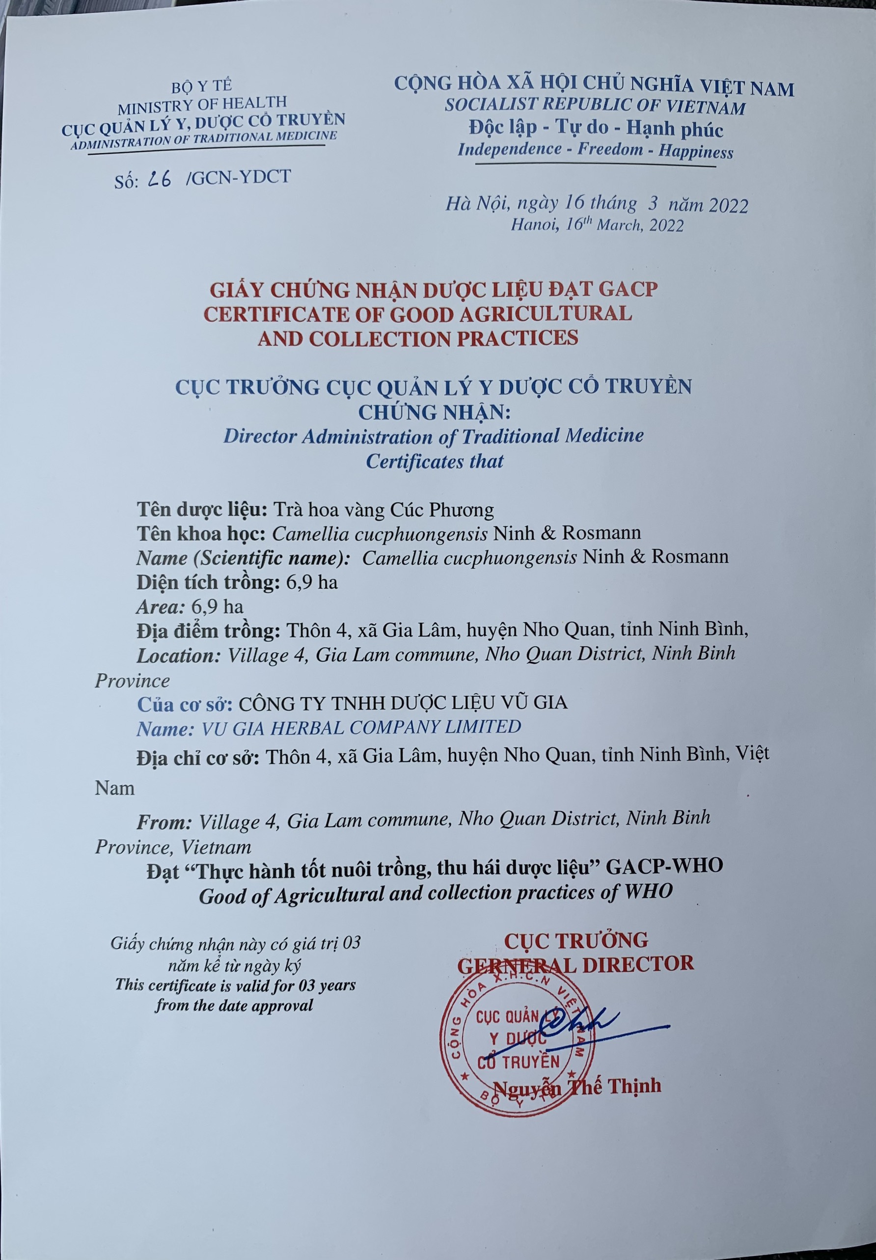 Giấy chứng nhận GACP-WHO