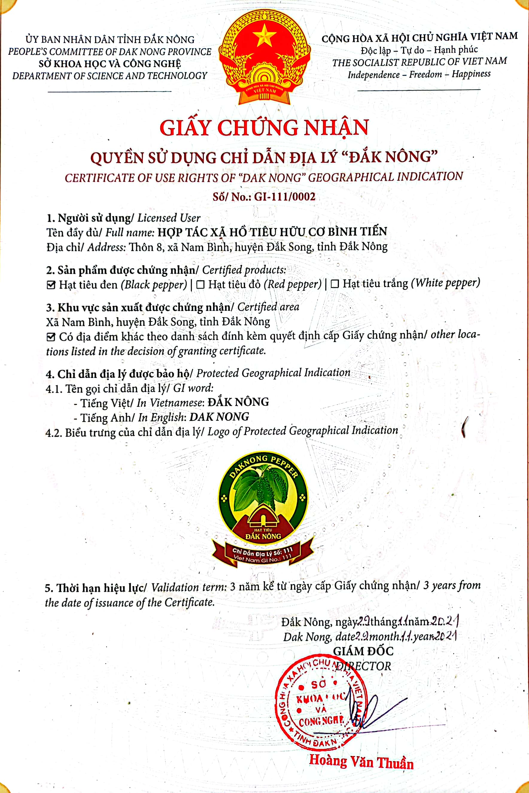 Giấy chứng nhận Quyền sử dụng chỉ dẫn địa lý "Đắk Nông"